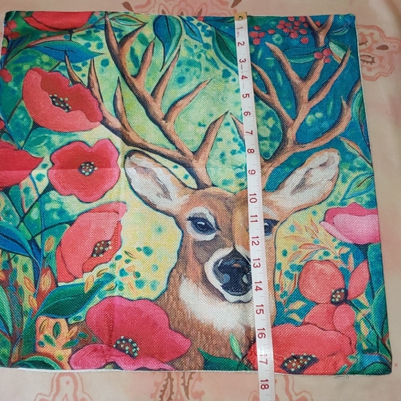Deer Pillow Cover. Red Poppy Flower. Reindeer Leaf - Picture 11 of 12
